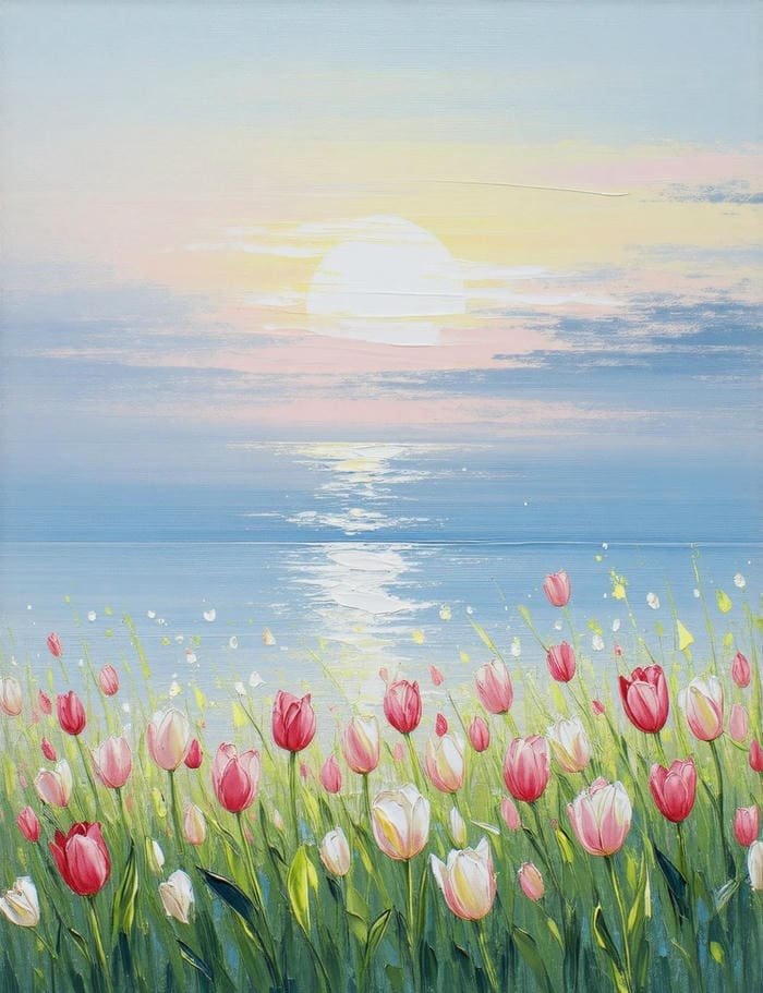 Vườn hoa rực rỡ trong tranh vẽ hoa tulip nét