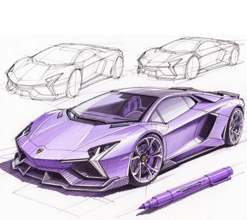 tranh vẽ xe ô tô con màu tím siêu ngầu