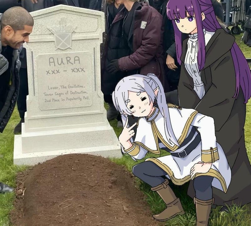Ảnh meme Frieren anime chụp ảnh ở mộ