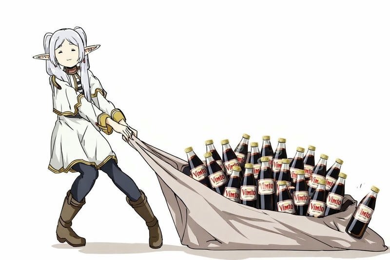 Ảnh meme Frieren anime kéo bảo tải chai rượu