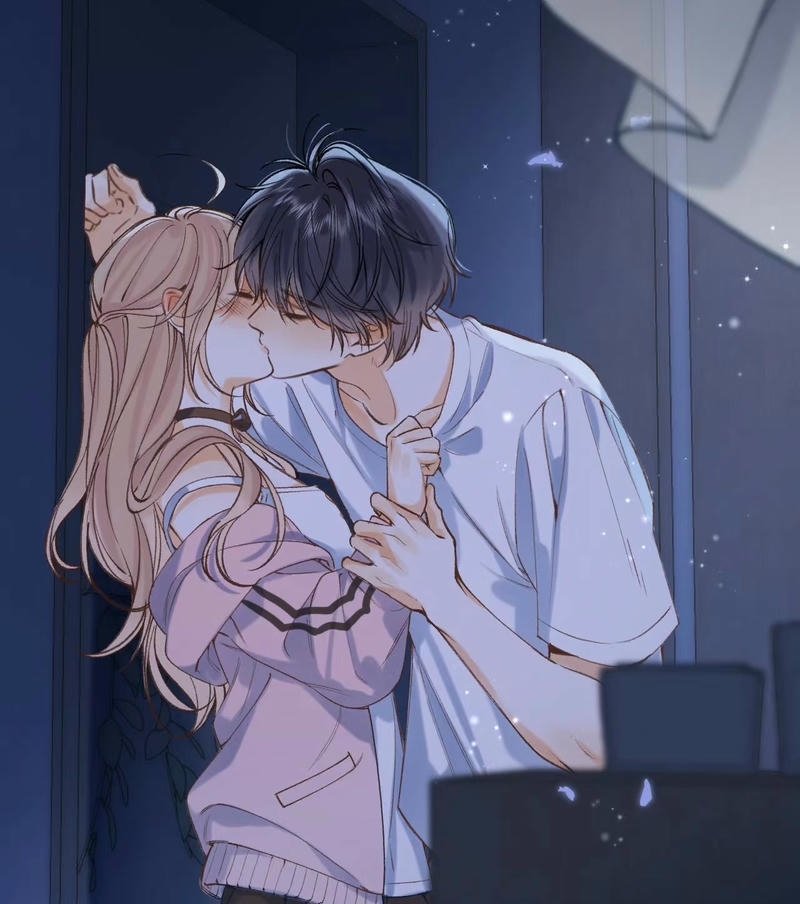 Cảnh anime hôn nhau giữa ánh đèn nhẹ