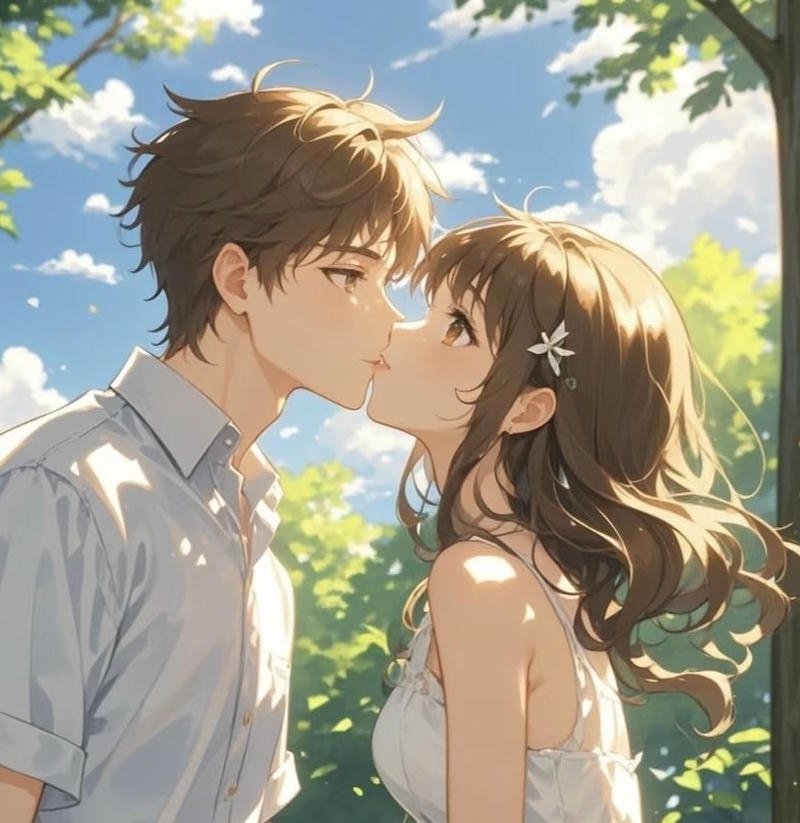 Cảnh hôn anime giữa không gian lãng mạn nhẹ