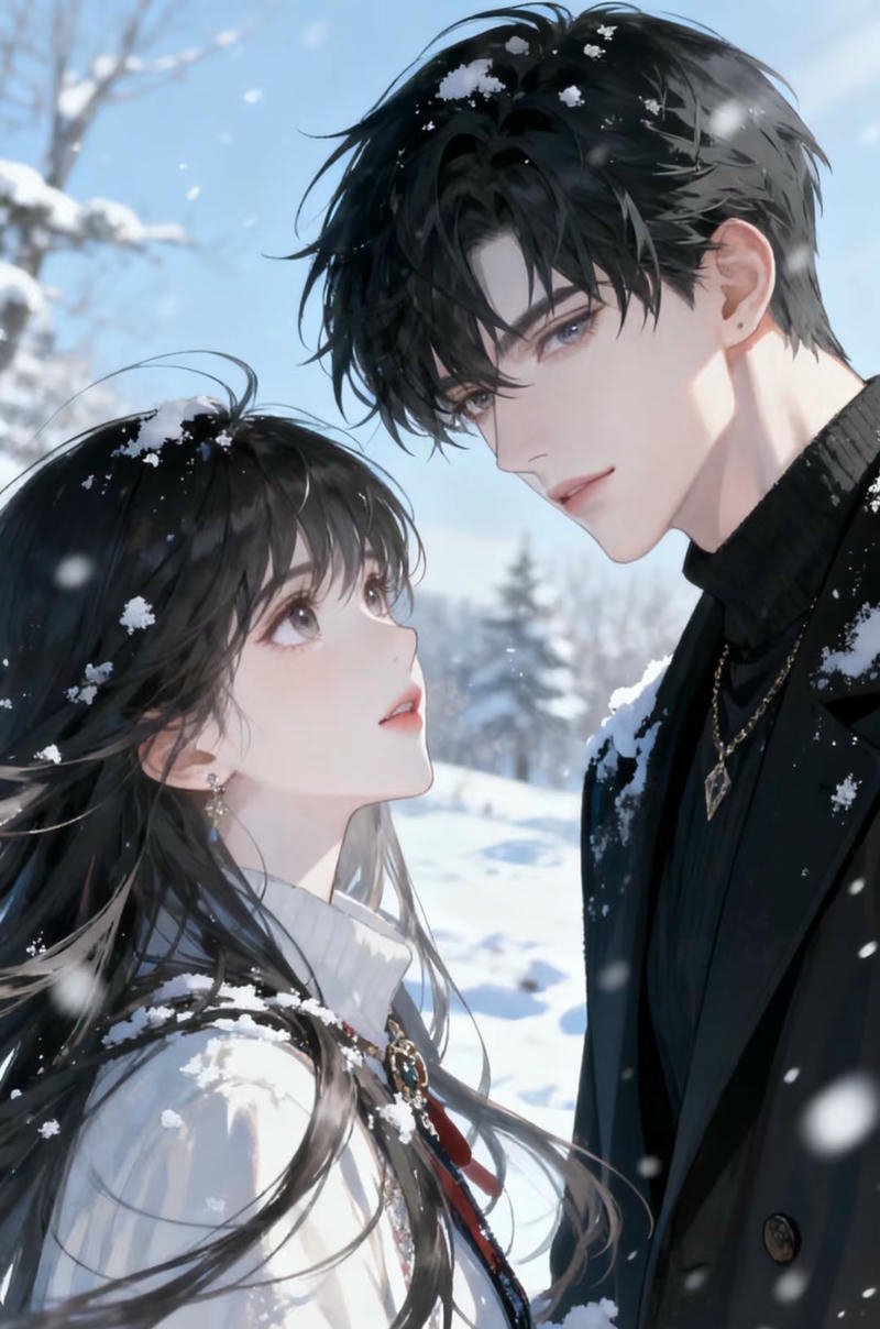 Cặp đôi anime đứng cạnh nhau giữa thiên nhiên