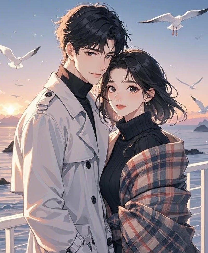 Cặp đôi anime đứng cùng nhau giữa trời chiều