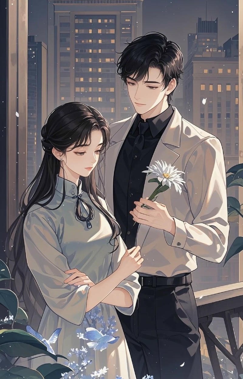 Cặp đôi anime đứng cùng nhau trong không gian yên