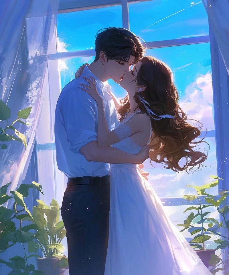Cặp đôi anime hôn nhau phong cách nhẹ nhàng
