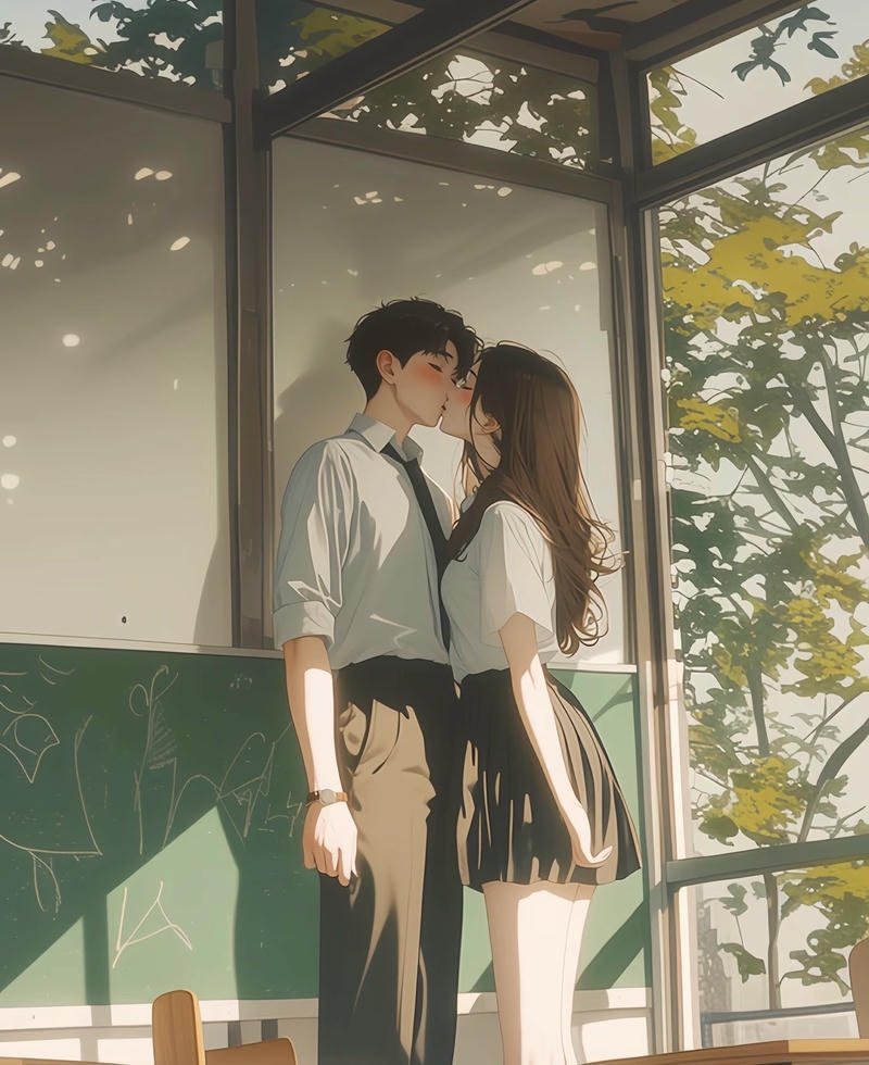 Cặp đôi anime hôn nhau trong ánh sáng ấm áp