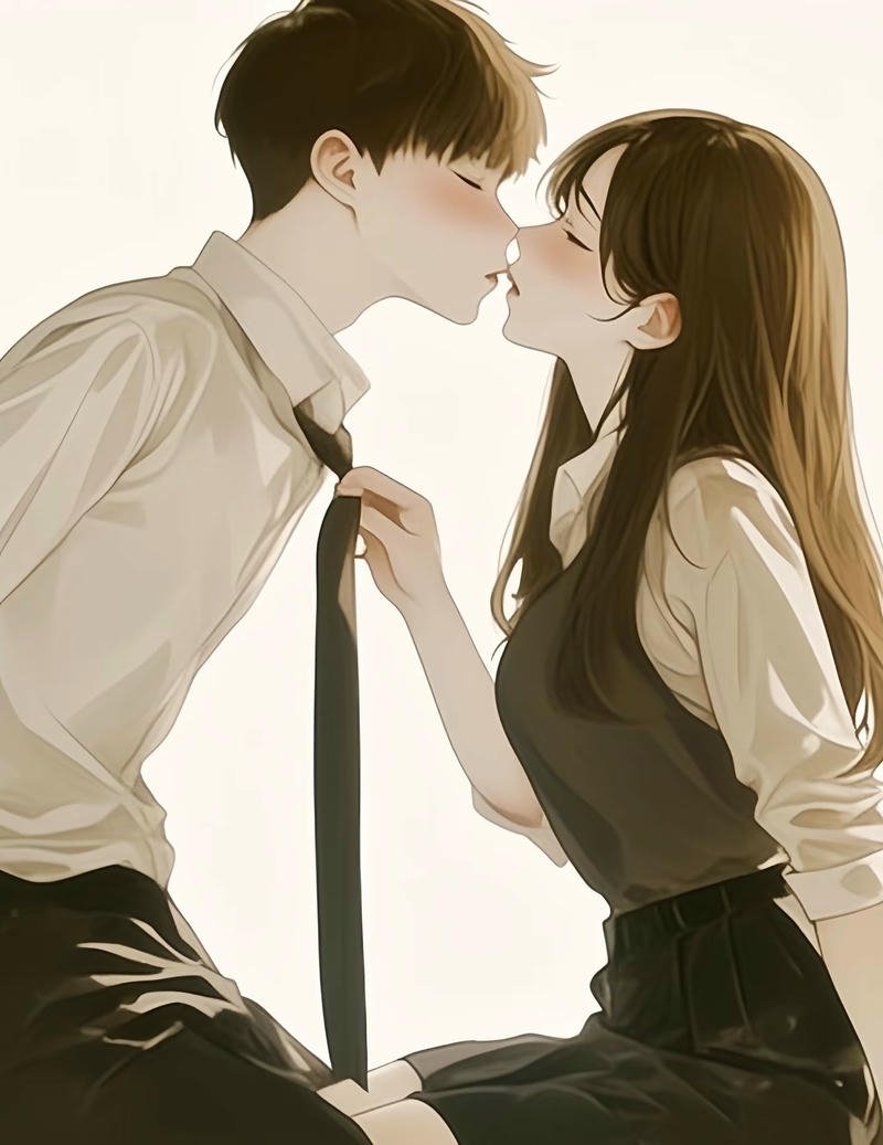 Cặp đôi anime hôn nhau trong ánh sáng dịu