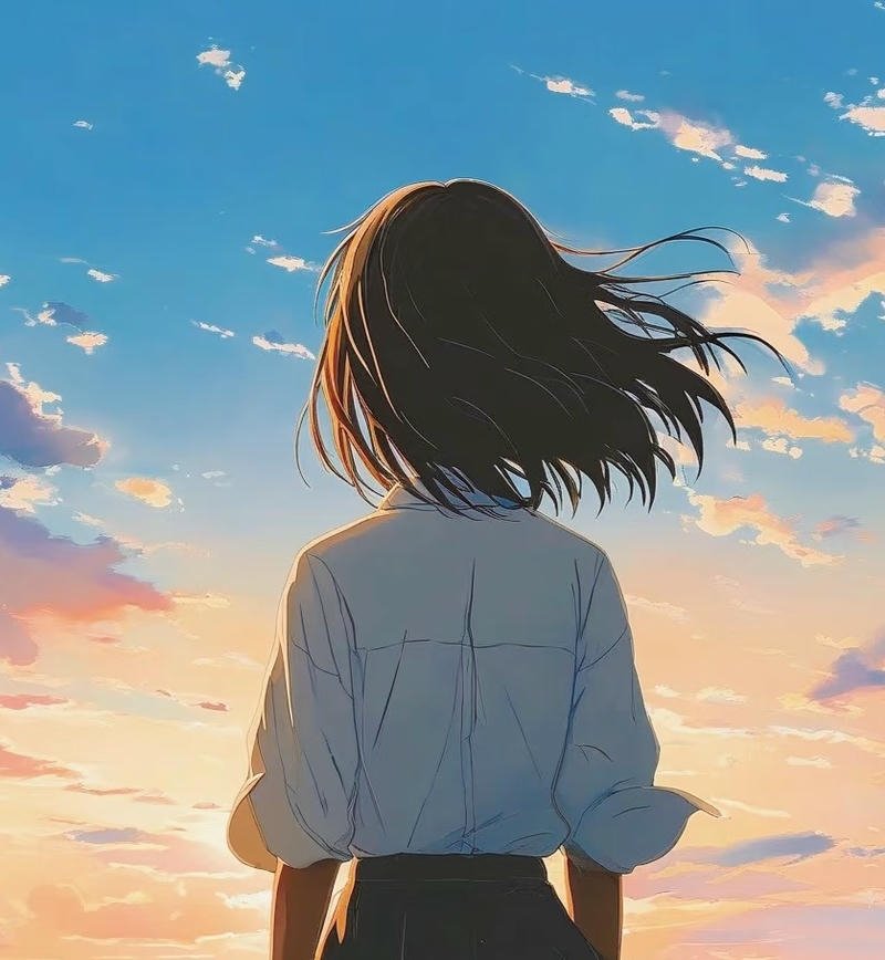 Cô gái anime quay lưng giữa khung cảnh nhẹ nhàng