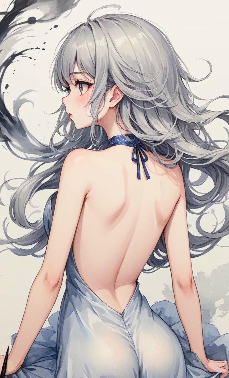 Cô gái anime quay lưng với mái tóc dài mềm