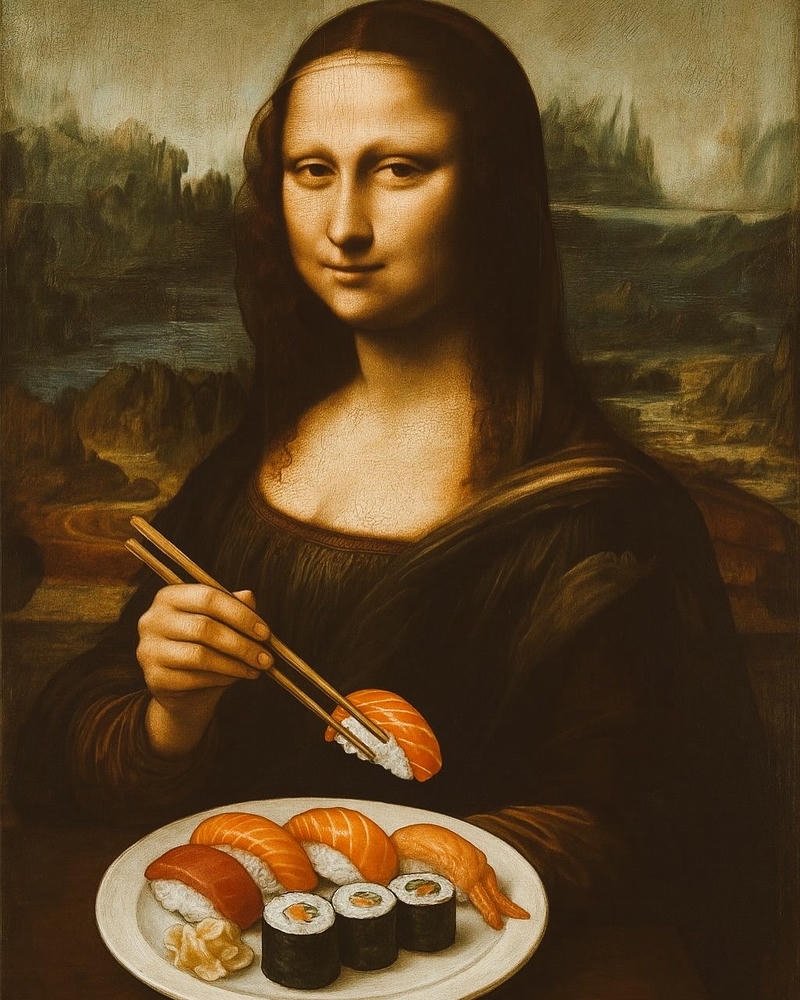 Hình Mona Lisa ăn shushi cực hài meme