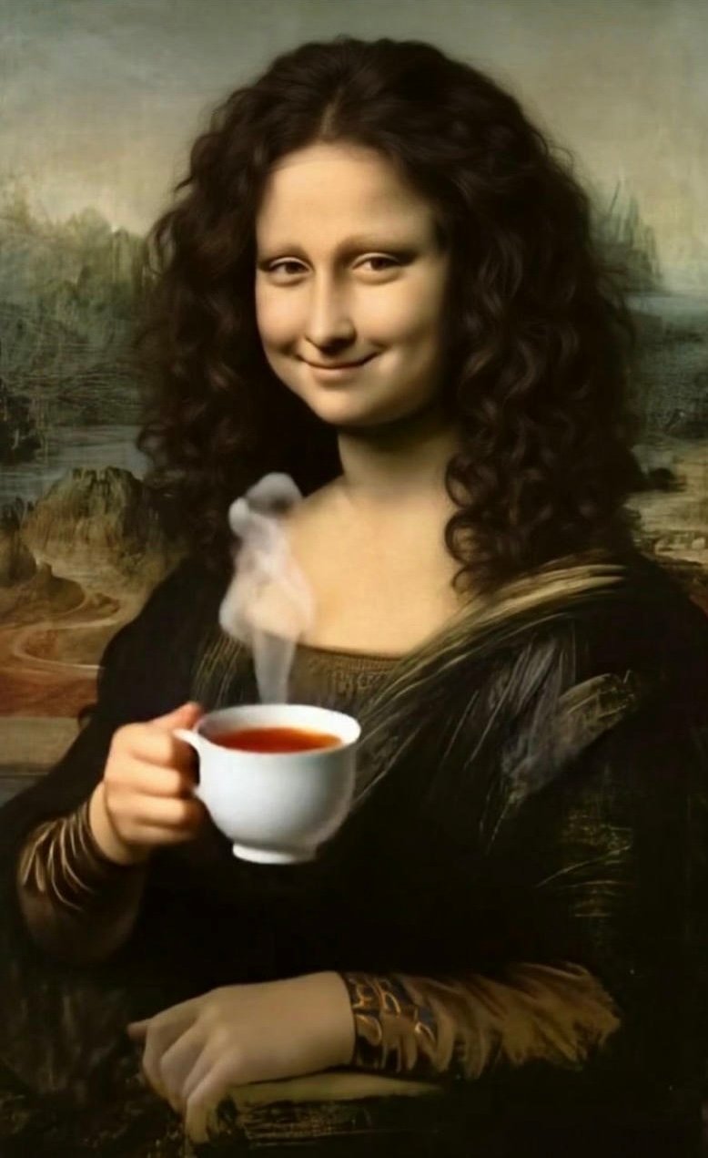 Hình Mona Lisa gương mặt bí ẩn cực hài uống cà phê meme