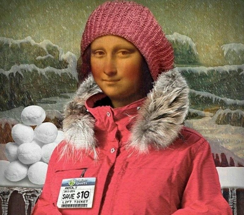 Hình meme Mona Lisa mặc áo phao cực ấm