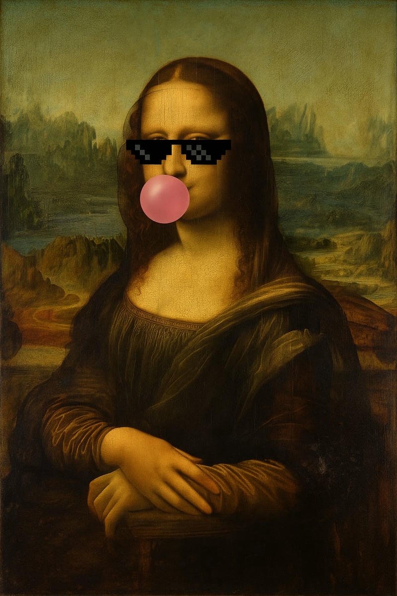 Hình meme đeo kính râm ăn kẹo cao su Mona Lisa