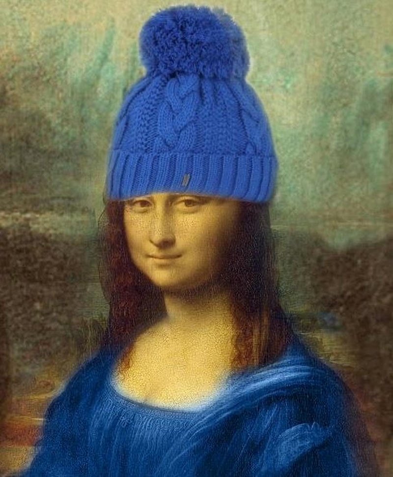 Meme Mona Lisa ảnh ghép mũ len xanh cực bựa