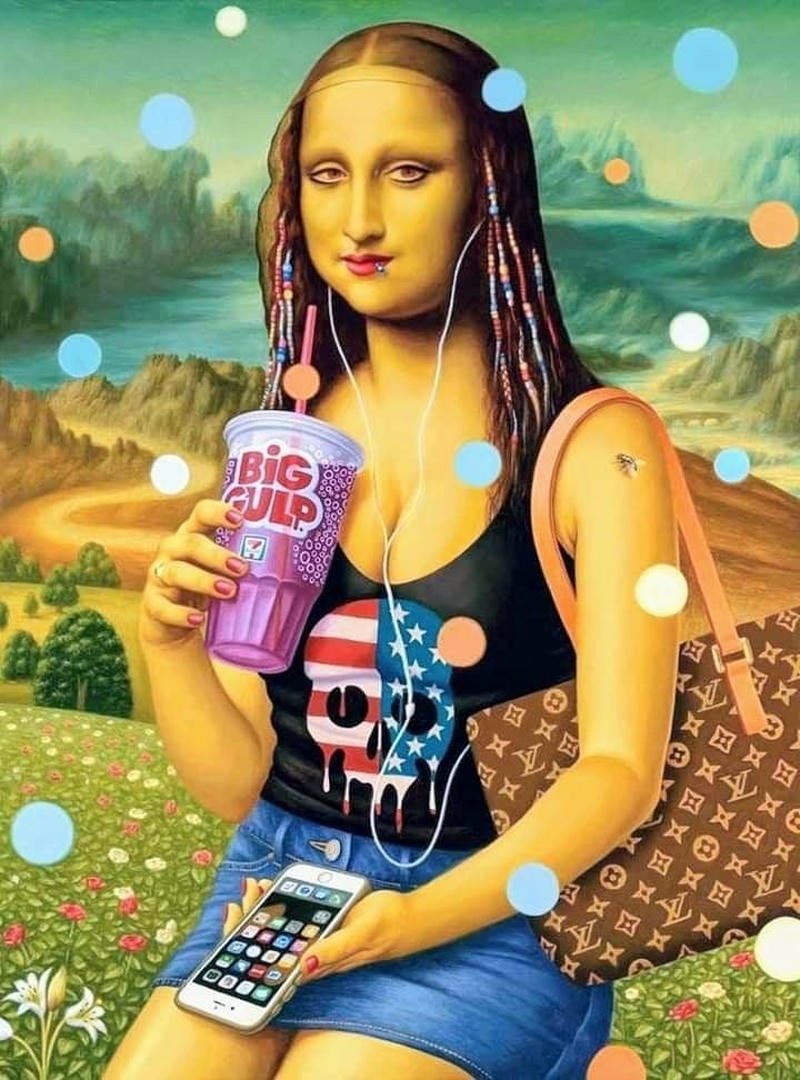 Meme Mona Lisa mặc áo balo uống trà sữa
