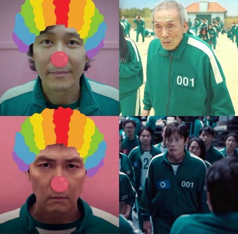 Meme Squid Game gương mặt lo lắng siêu hề