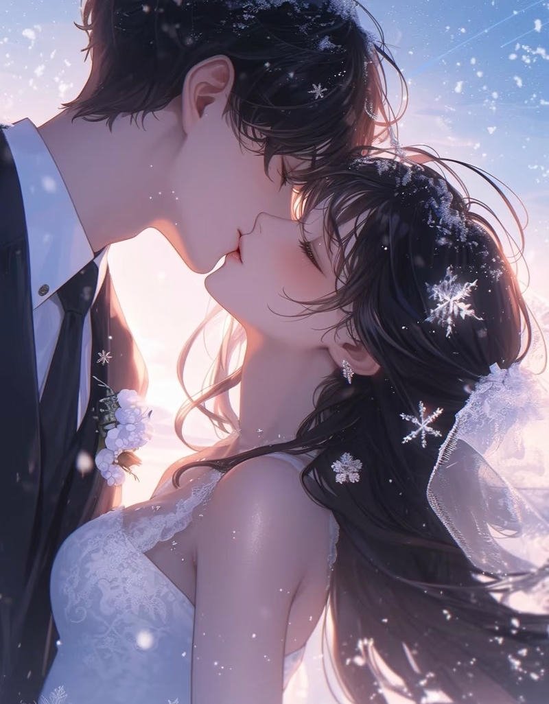 Nhân vật anime hôn nhau giữa khung cảnh thiên nhiên