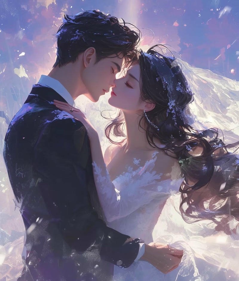Nhân vật anime hôn nhau trong ánh sáng mềm
