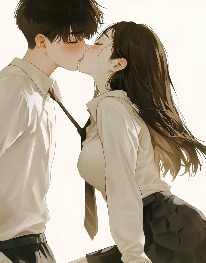 Nhân vật anime hôn nhau với biểu cảm dịu dàng