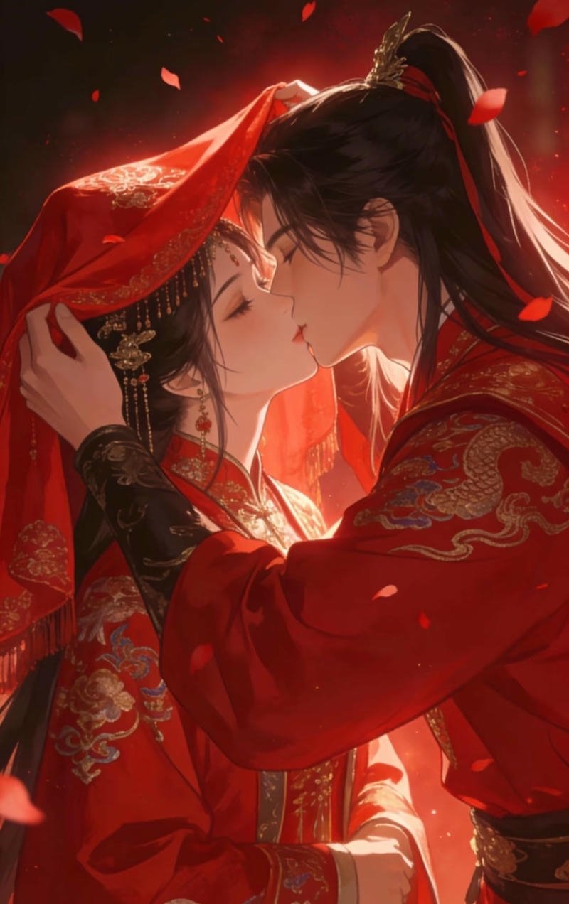Nhân vật anime trao nụ hôn trong ánh sáng vàng