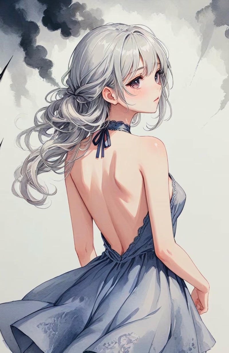 Nhân vật nữ anime quay lưng trong khung cảnh biển