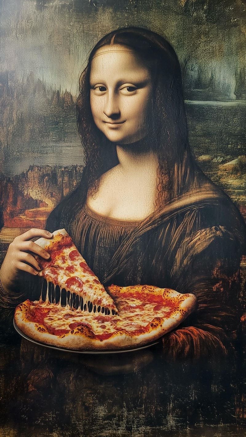 Tấm ảnh meme Mona Lisa gương mặt bình thản ăn pizza