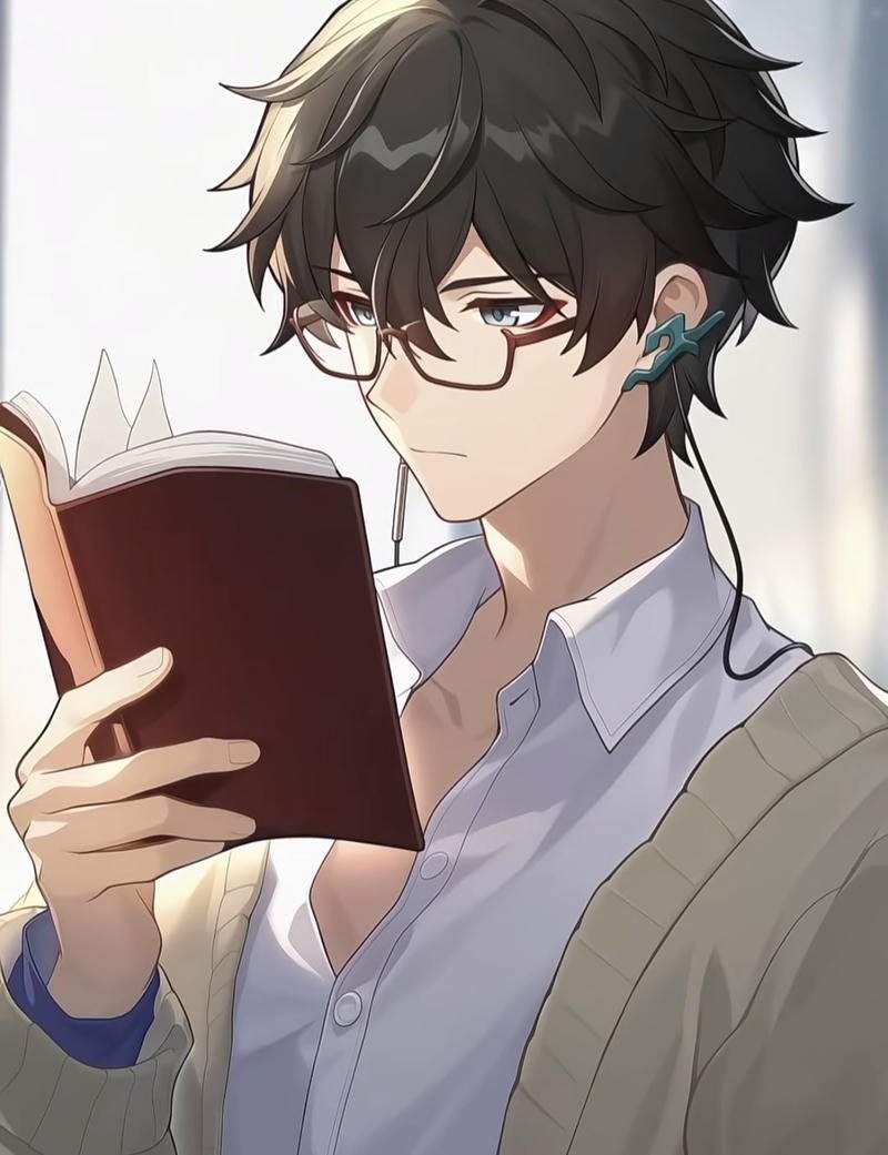 Ảnh anime nam đeo kính với biểu cảm nhẹ nhàng