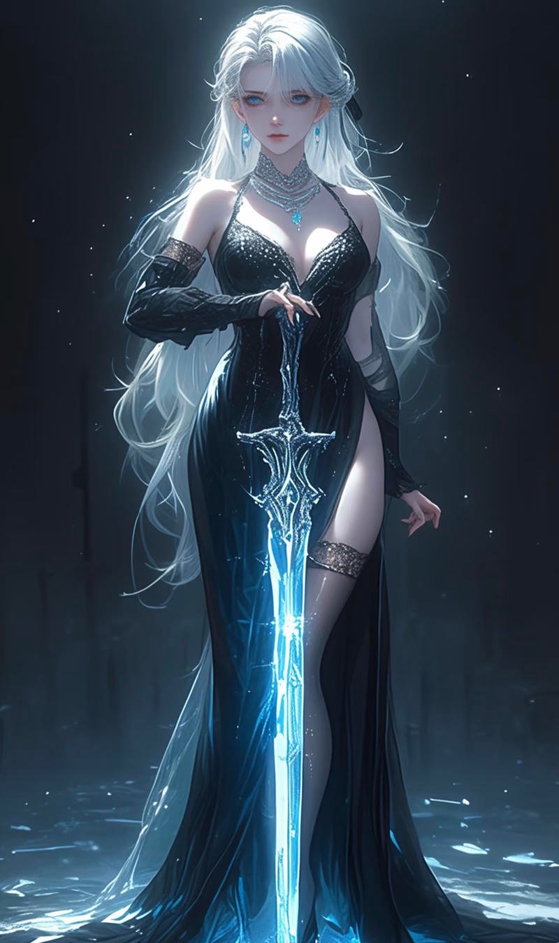 Ảnh anime nữ cầm kiếm ánh sáng xanh huyền bí