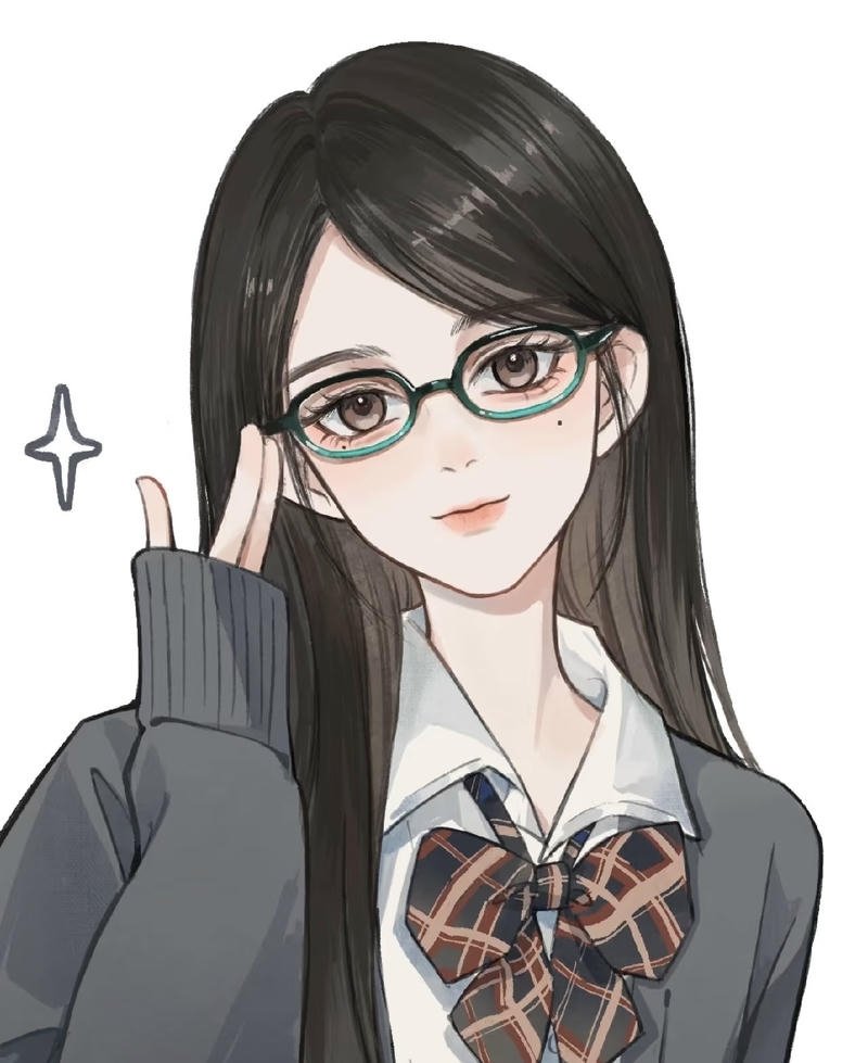 Ảnh anime nữ đeo kính với biểu cảm trầm lặng