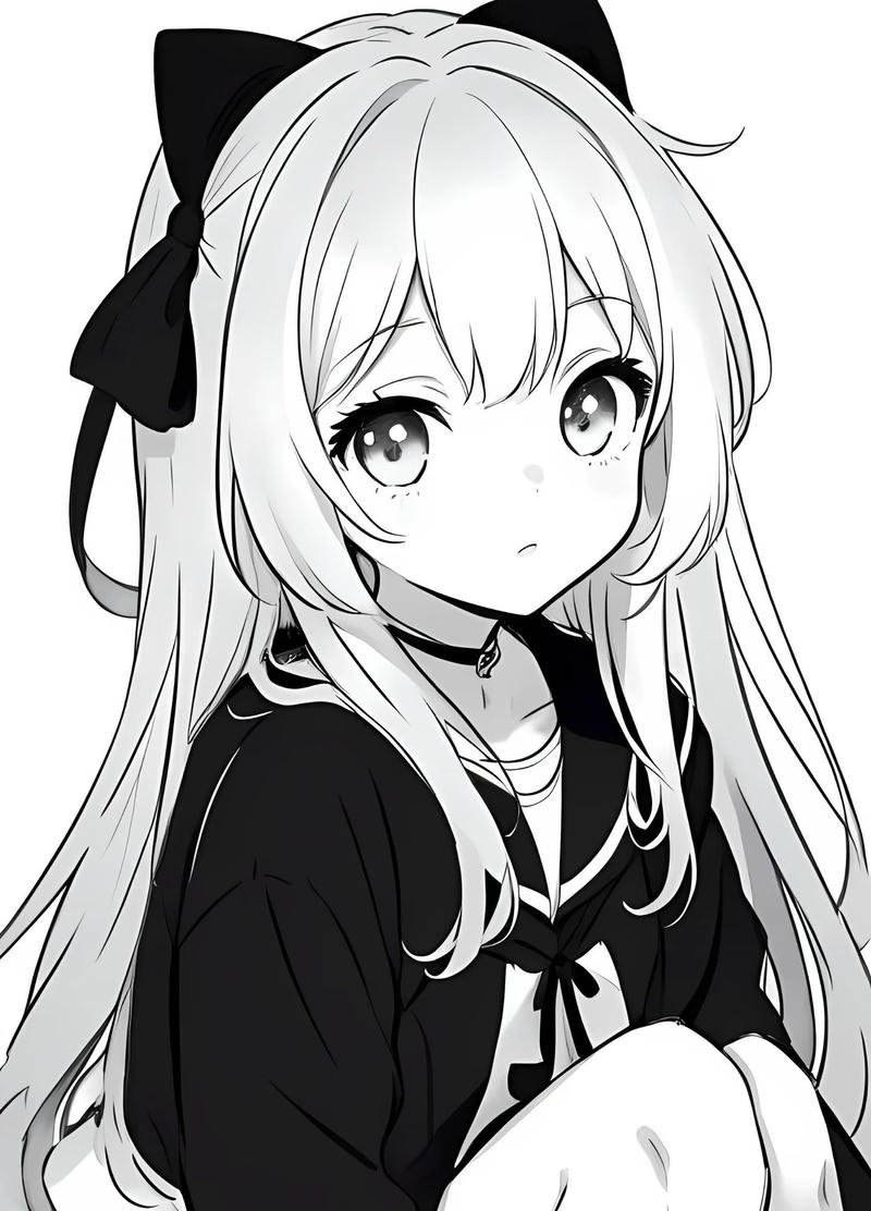 Ảnh anime nữ đơn sắc với ánh mắt mờ xa