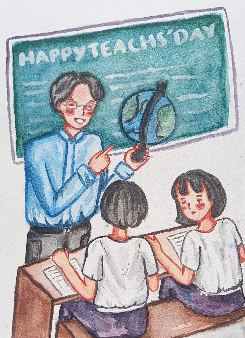 Ảnh tranh vẽ nghề giáo viên trong giờ học vui tươi và ấm áp