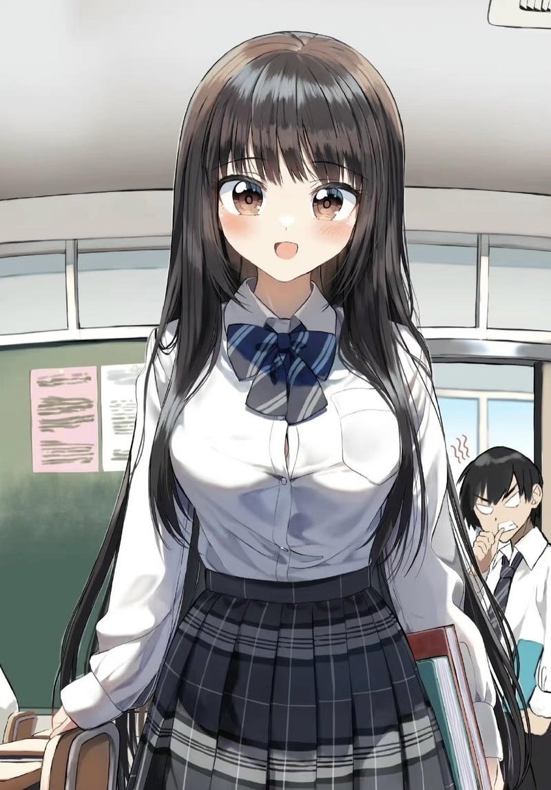 Anime nữ học sinh với gương mặt tươi sáng