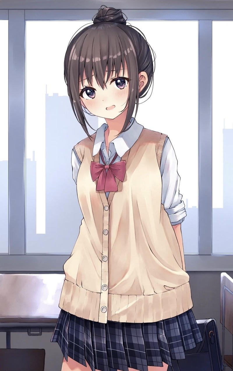 Bức ảnh anime nữ học sinh với biểu cảm vui vẻ