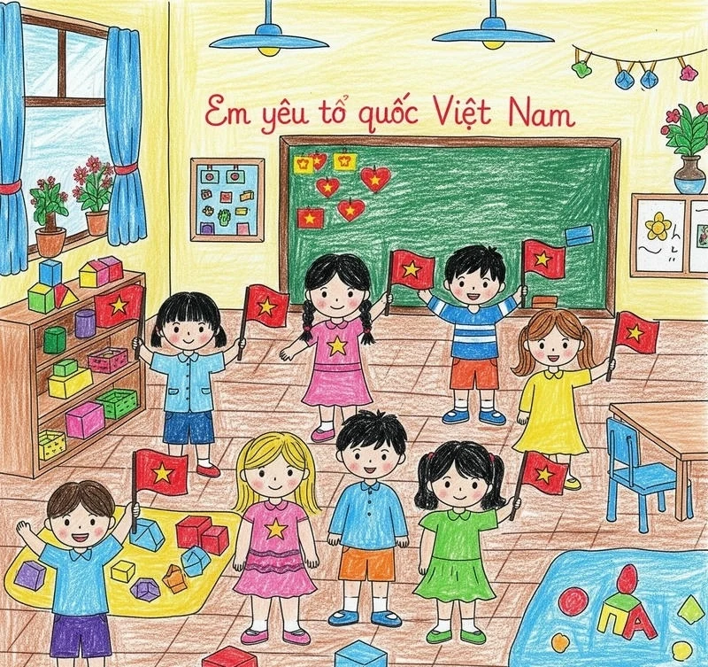Cảnh học sinh chào cờ trong tranh em yêu tổ quốc Việt Nam