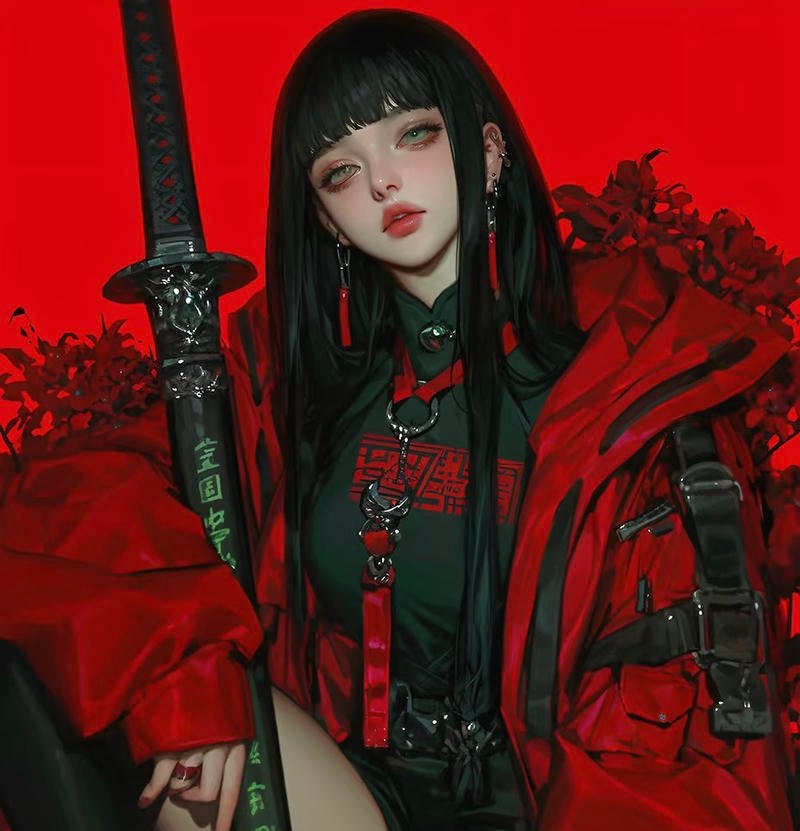 Cô gái anime cầm kiếm đứng giữa ánh hoàng hôn