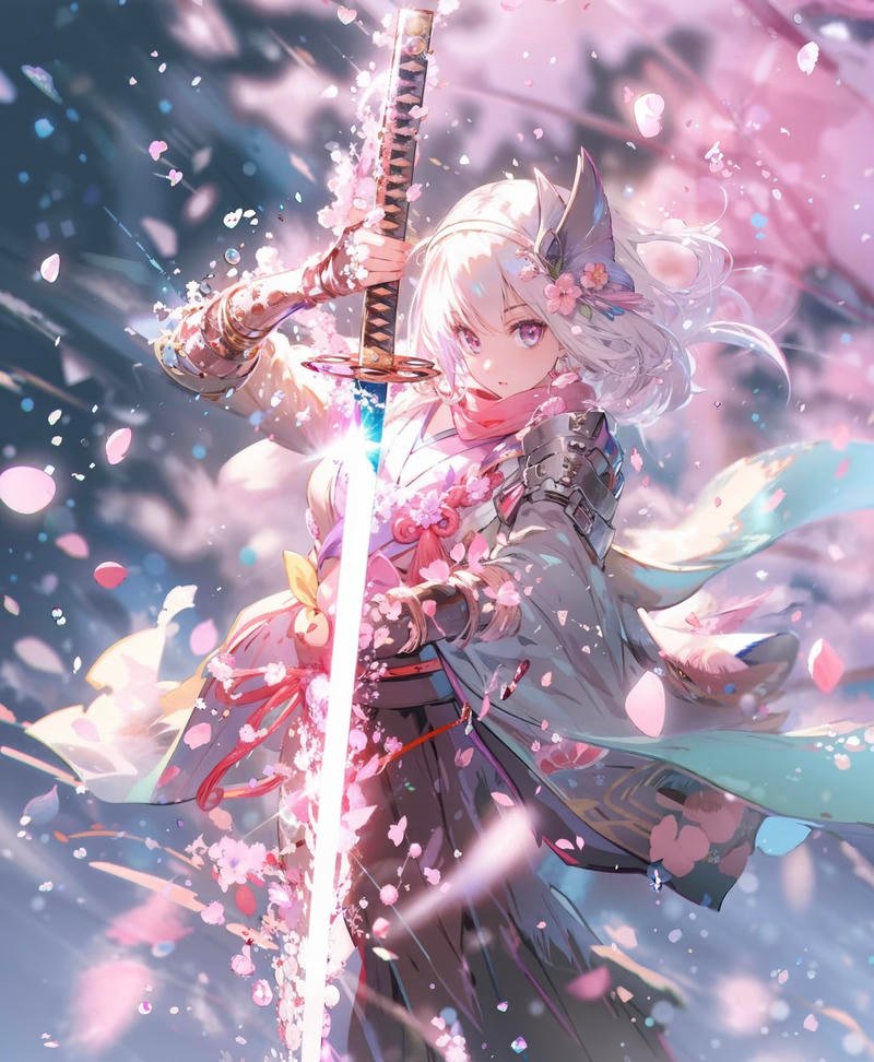 Cô gái anime cầm kiếm đứng trước lâu đài cổ kính