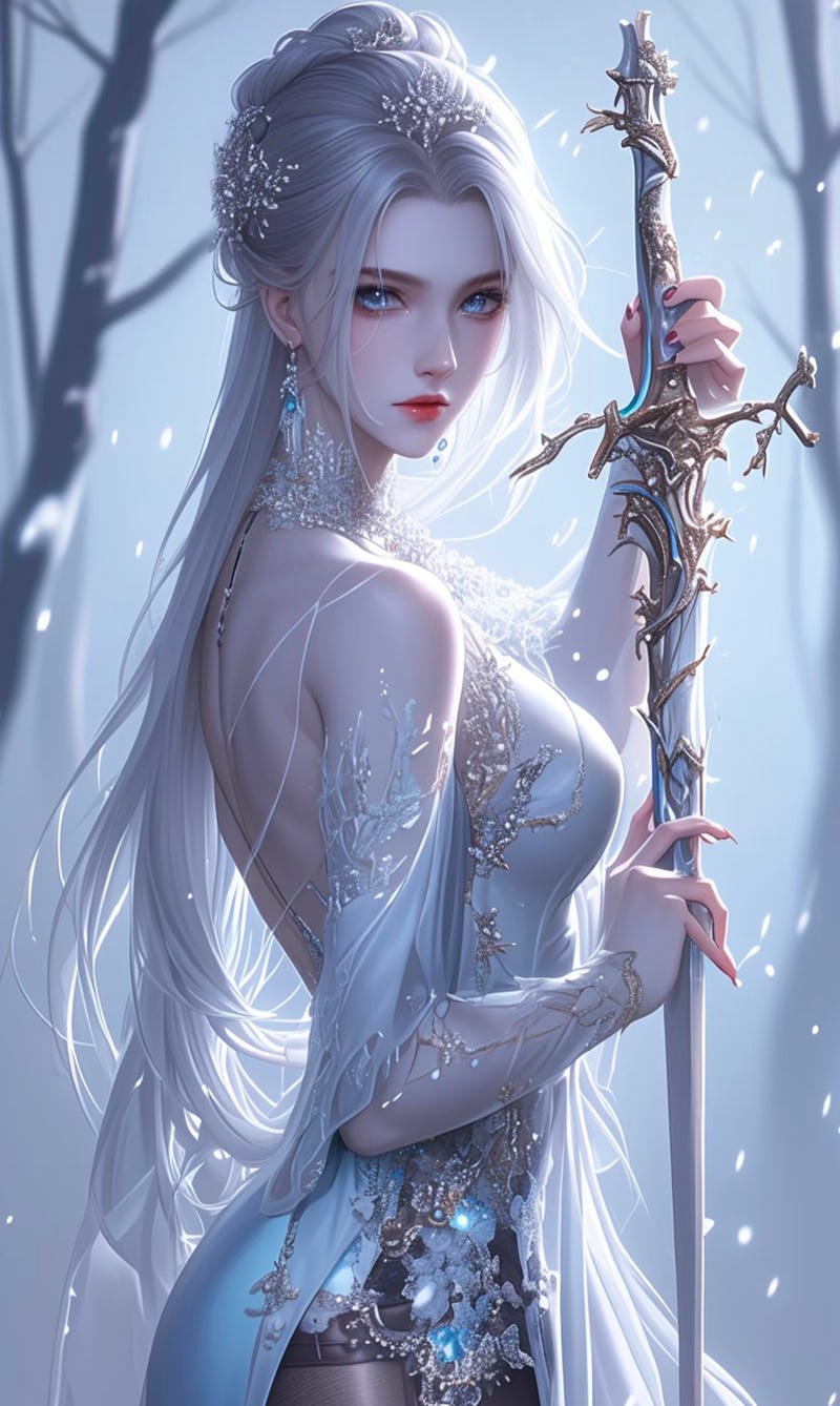 Cô gái anime cầm kiếm trong khung cảnh fantasy rực rỡ