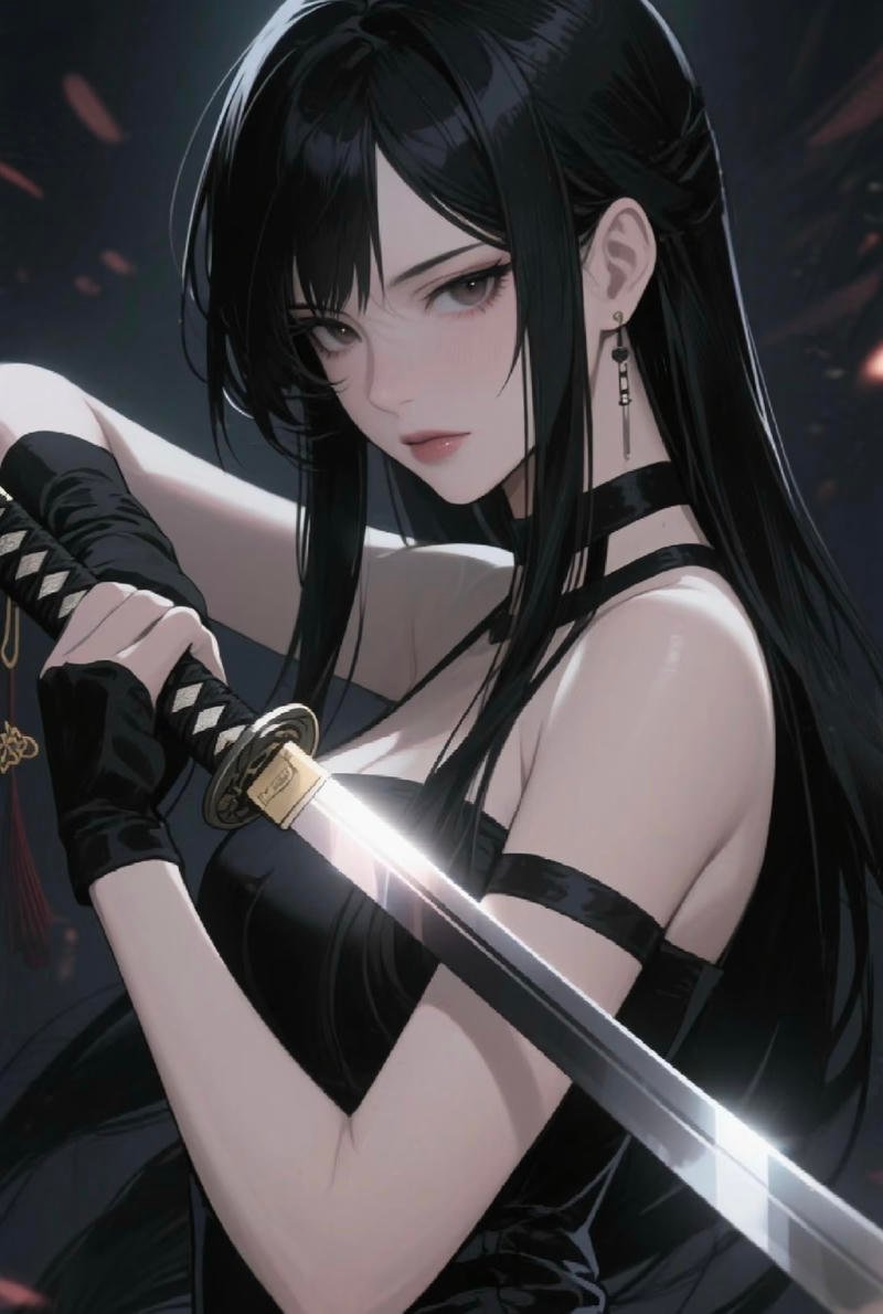 Cô gái anime tóc dài cầm kiếm dưới trời tuyết