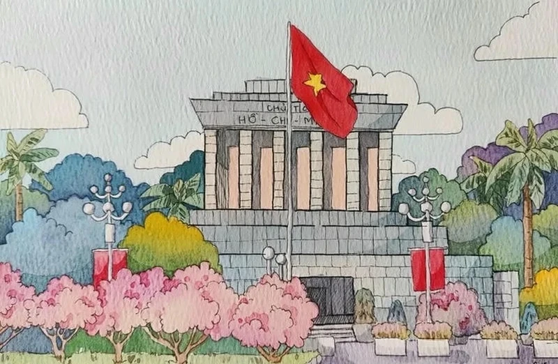 Hàng cây xanh góp phần làm bức tranh lăng bác thêm sinh động