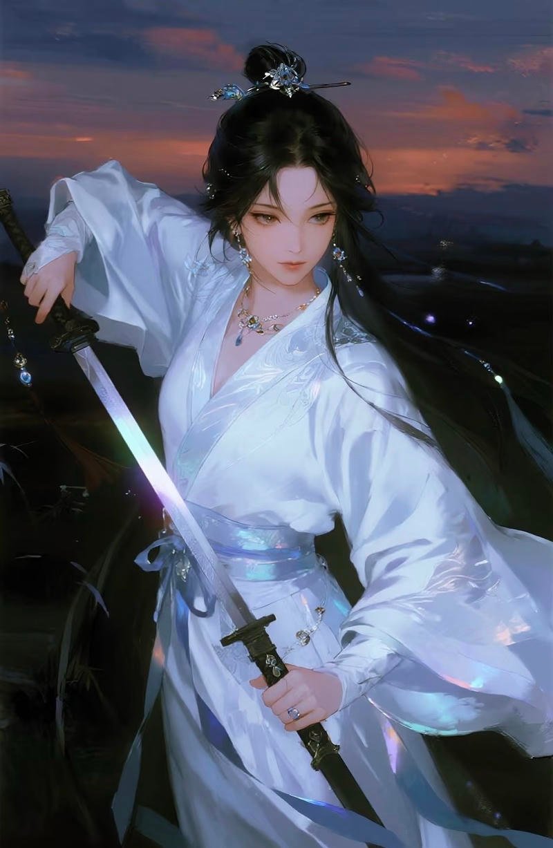 Hình ảnh anime nữ chiến đấu với kiếm trong đêm tối