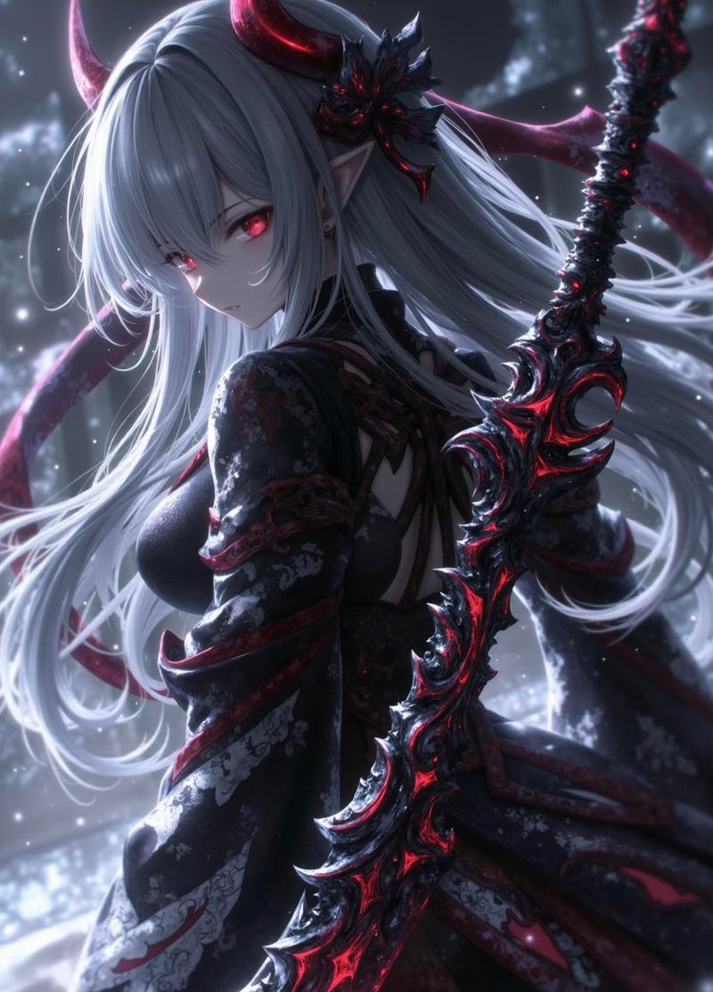 Hình ảnh anime nữ kiếm sĩ đứng giữa cánh đồng rộng