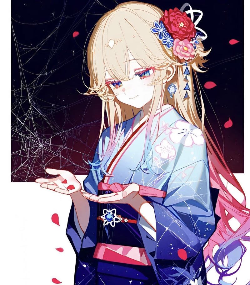 Hình ảnh anime nữ mặc kimono với ánh nhìn dịu nhẹ