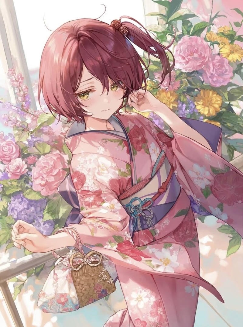 Hình ảnh anime nữ mặc kimono với gương mặt xinh xắn