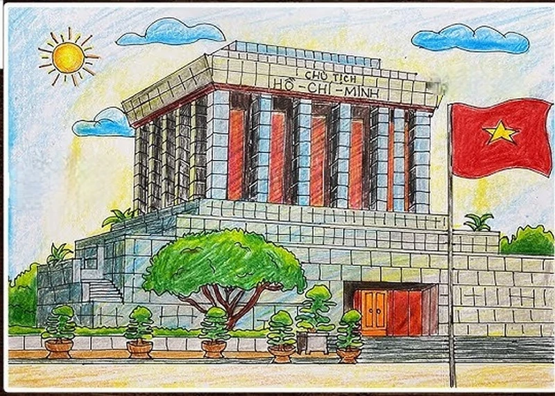 Hình ảnh tranh vẽ lăng bác hồ với nền trời trong xanh