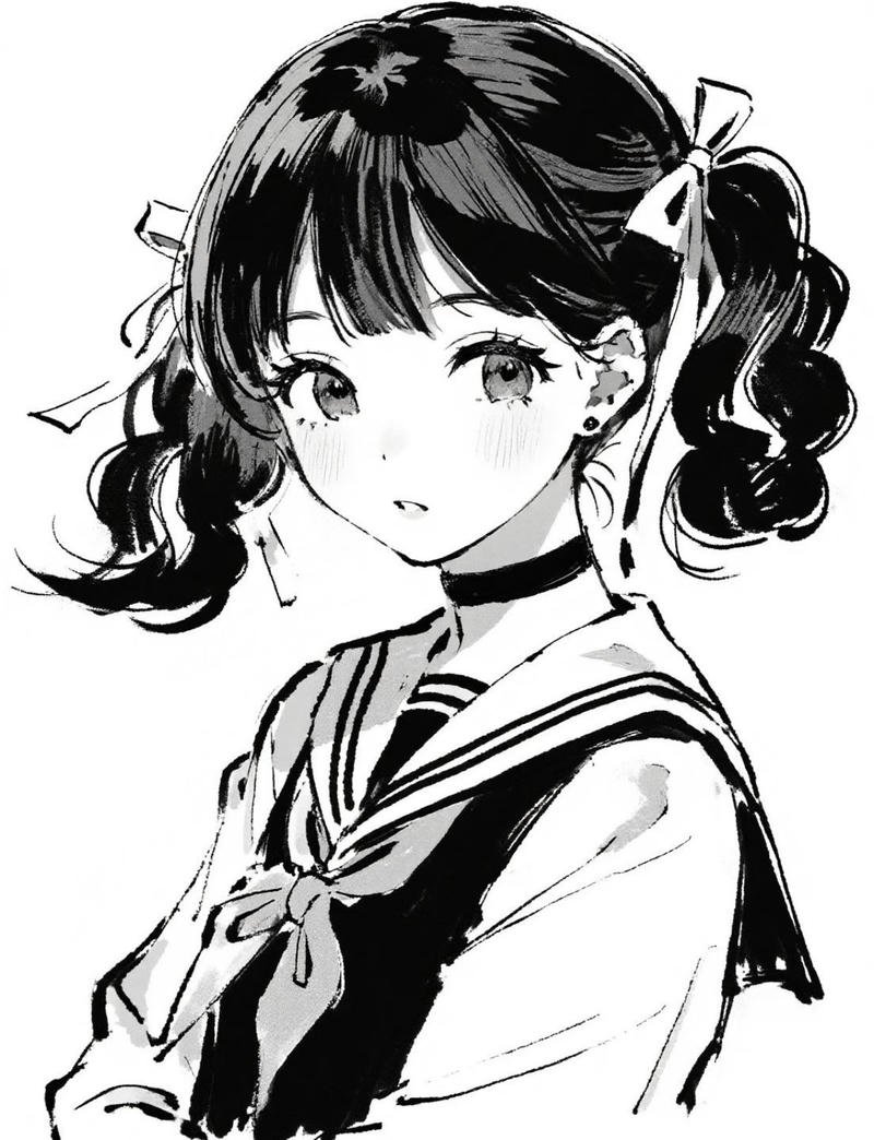 Hình anime nữ gam trắng đen với gương mặt trầm lặng