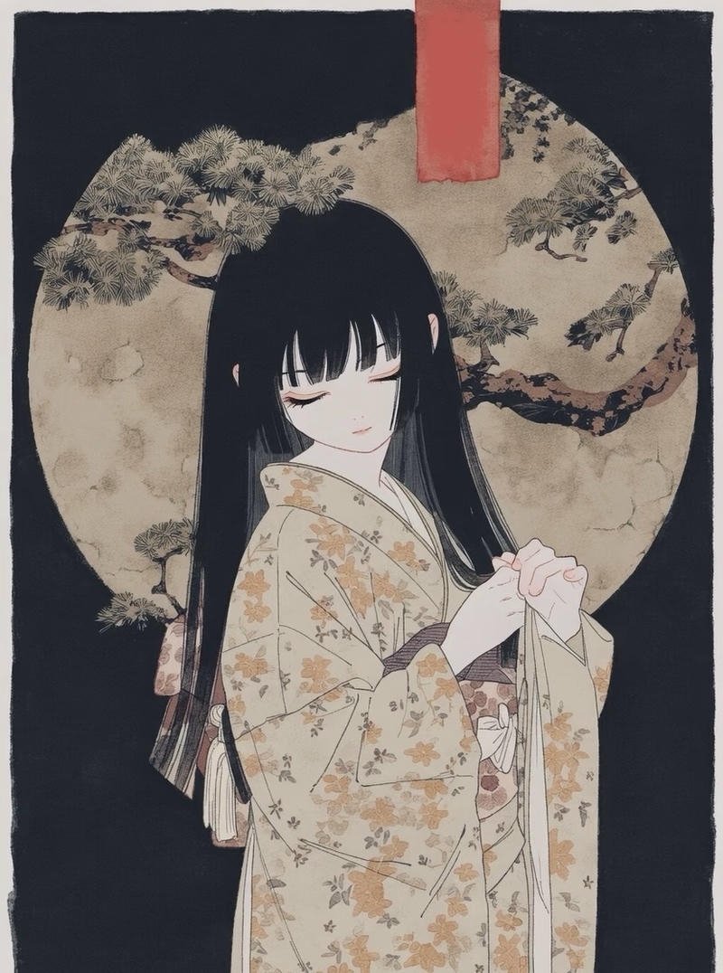 Hình anime nữ mặc kimono với ánh mắt dịu dàng