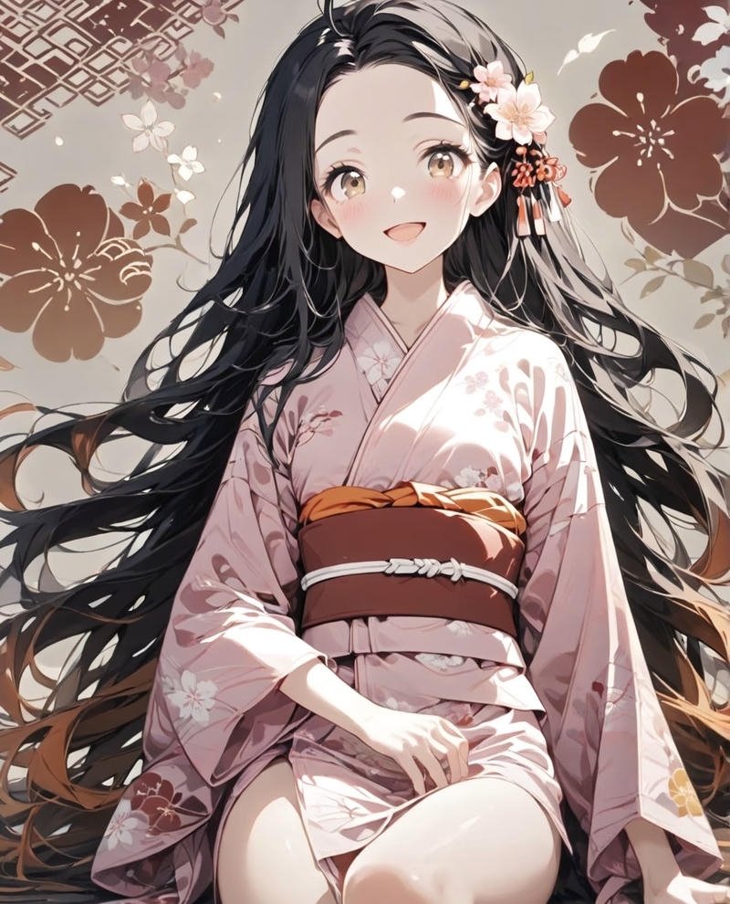 Hình anime nữ mặc kimono với ánh mắt nhẹ nhàng
