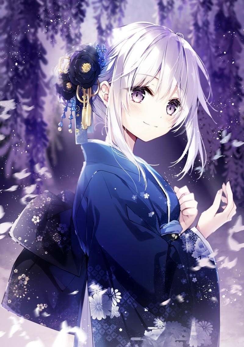 Hình anime nữ mặc kimono với ánh nhìn thanh thoát