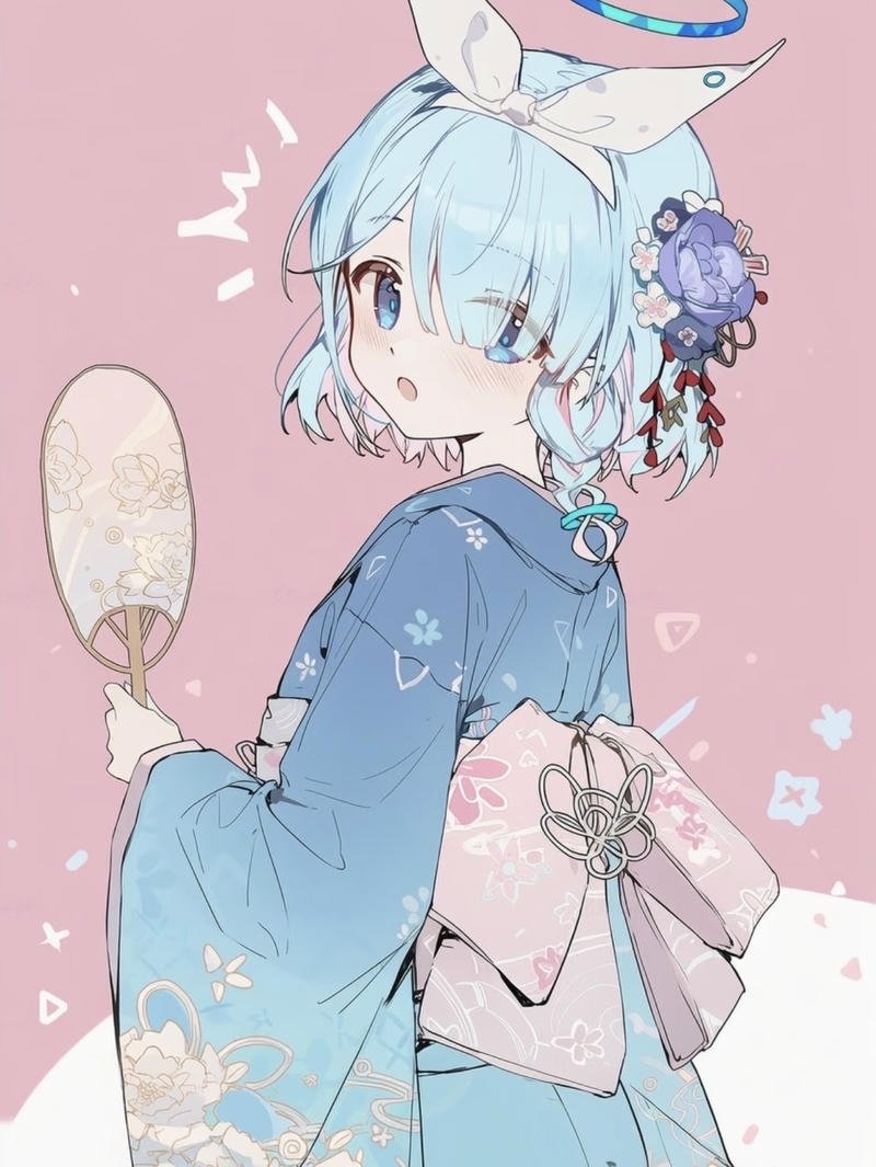 Hình anime nữ mặc kimono với biểu cảm hiền dịu